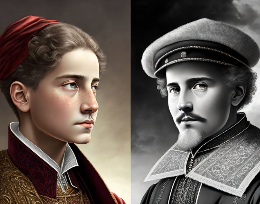 Young woman with red headpiece & man with mustache in military hat in historical attire.