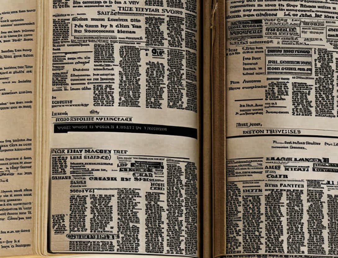 Vintage open book with densely packed text columns and various titles and headings