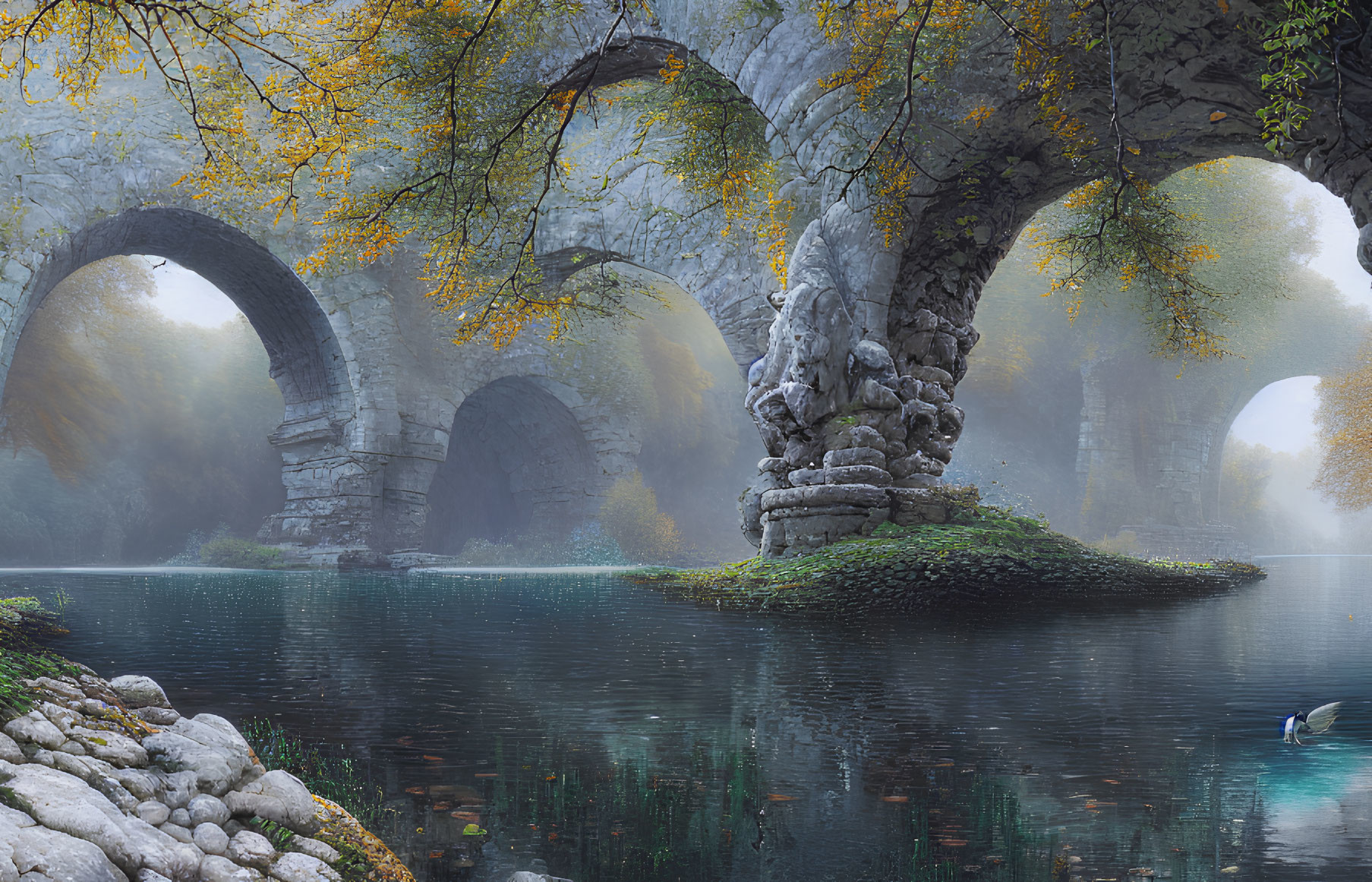 Misty lake scene with stone bridge and autumn trees