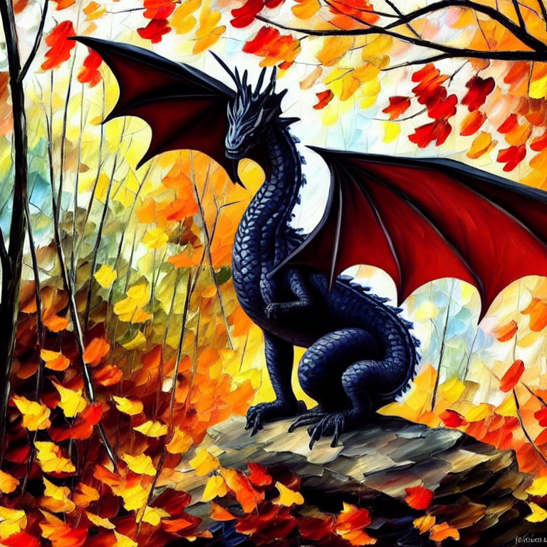 Black Dragon with Red Wings Amid Autumn Leaves on Rocky Outcrop