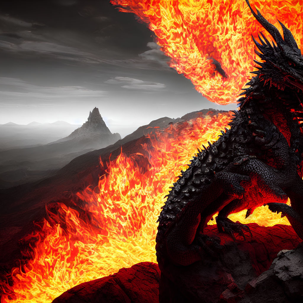 Black Dragon on Rocky Landscape with Flowing Lava and Fiery Sky