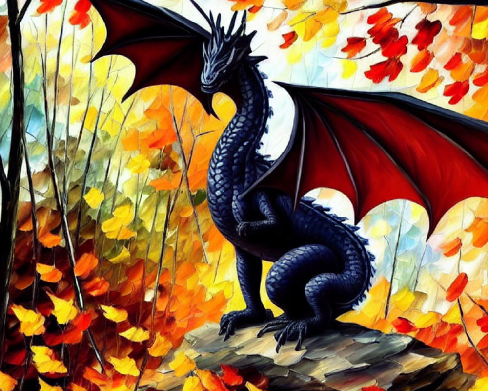 Black Dragon with Red Wings Amid Autumn Leaves on Rocky Outcrop