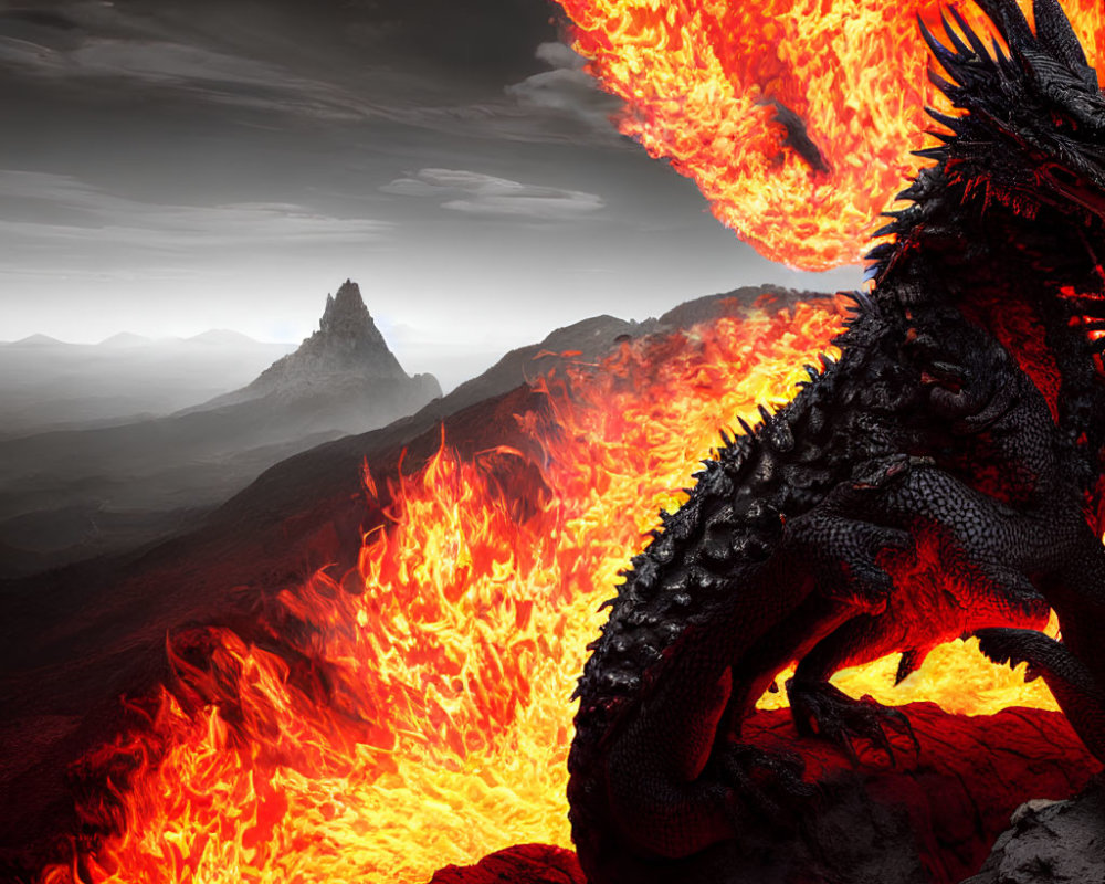 Black Dragon on Rocky Landscape with Flowing Lava and Fiery Sky