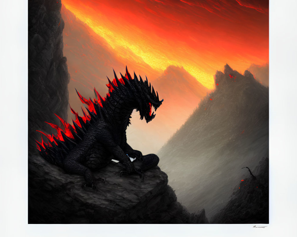 Black Dragon with Red Spikes Perched on Cliff in Red and Orange Sky