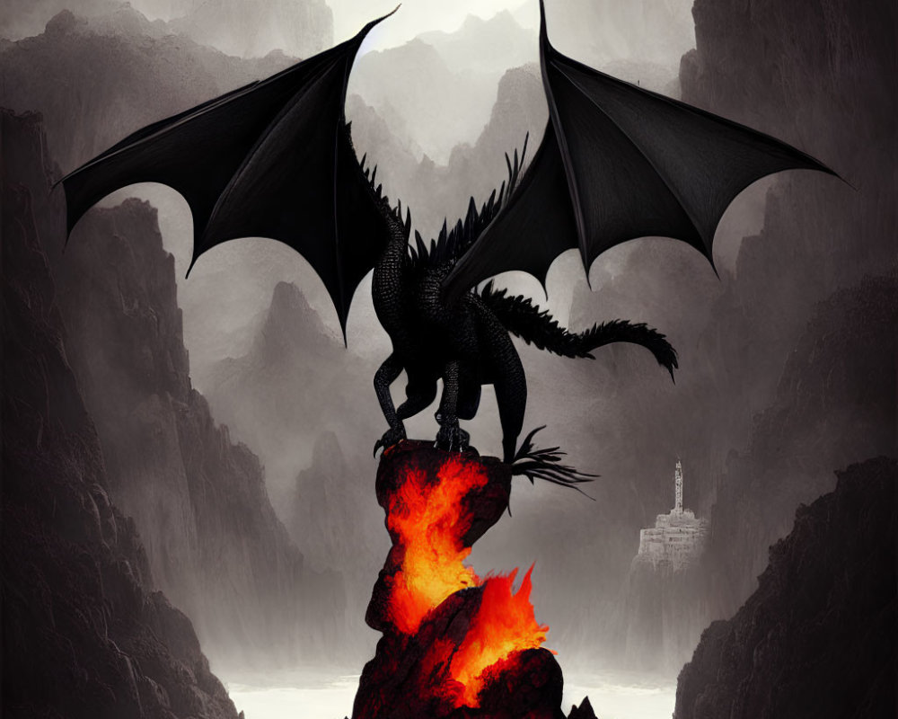 Black Dragon perched on fiery spire with castle in misty mountain landscape