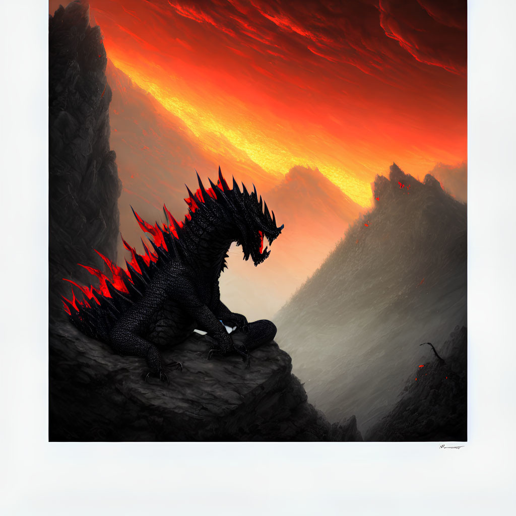 Black Dragon with Red Spikes Perched on Cliff in Red and Orange Sky