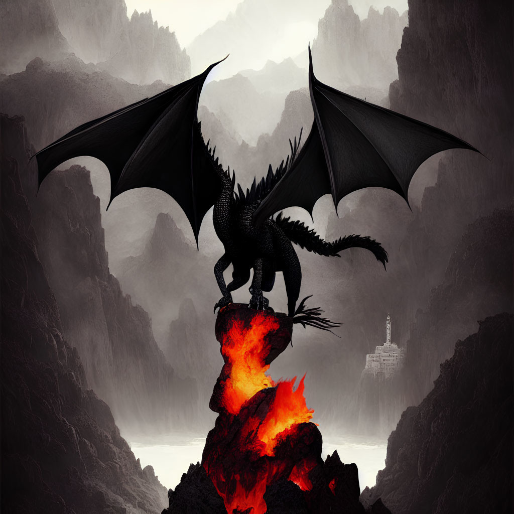 Black Dragon perched on fiery spire with castle in misty mountain landscape