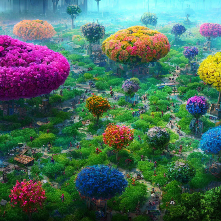 Colorful Oversized Flowering Trees in Whimsical Garden