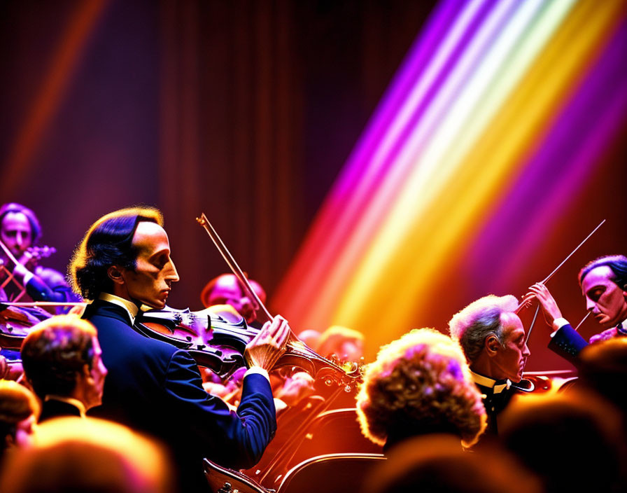 Vibrant Illustration of Violinist in Orchestra with Colorful Light Beams