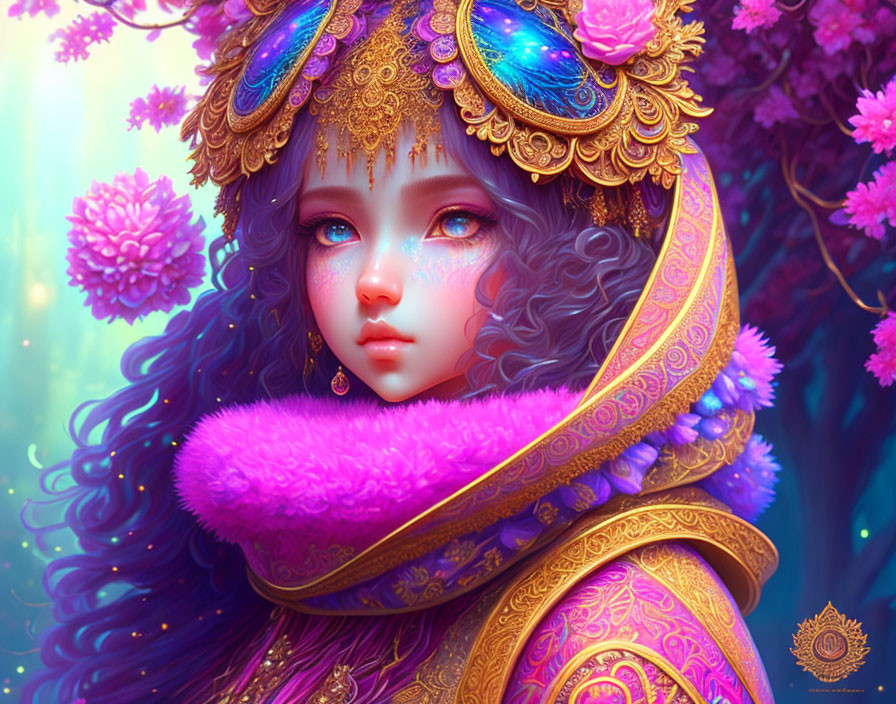 Colorful Illustration: Girl with Blue Eyes, Purple Hair, Gold and Purple Headdress, Pink