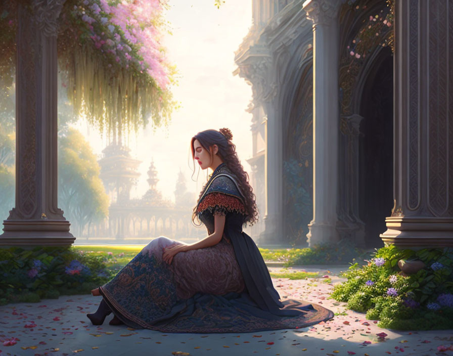 Vintage-dressed woman in contemplation in serene garden with blooming trees.