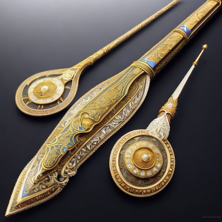 Golden ceremonial dagger and sheath with intricate blue and white designs