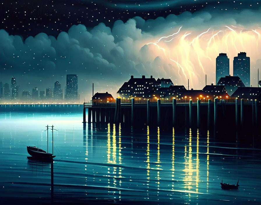 Digital artwork of nighttime waterfront scene with city skyline, boat, lit pier, and dramatic lightning.