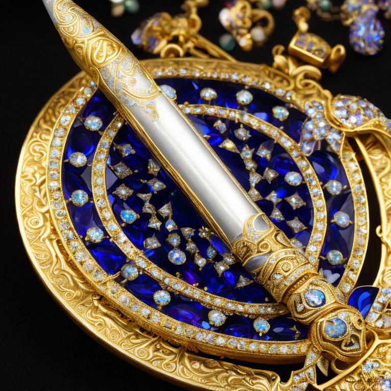 Golden brooch with sapphires, diamonds, and enamel detail