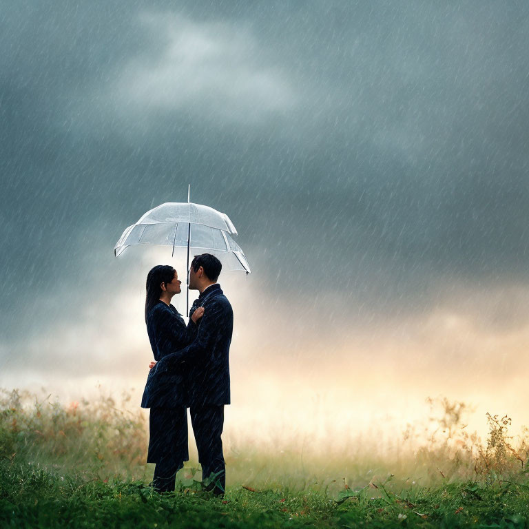 Couple under transparent umbrella in the rain with stormy sky and warm glow