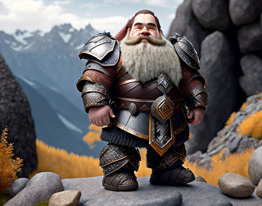 Fantasy dwarf with white beard in mountain landscape