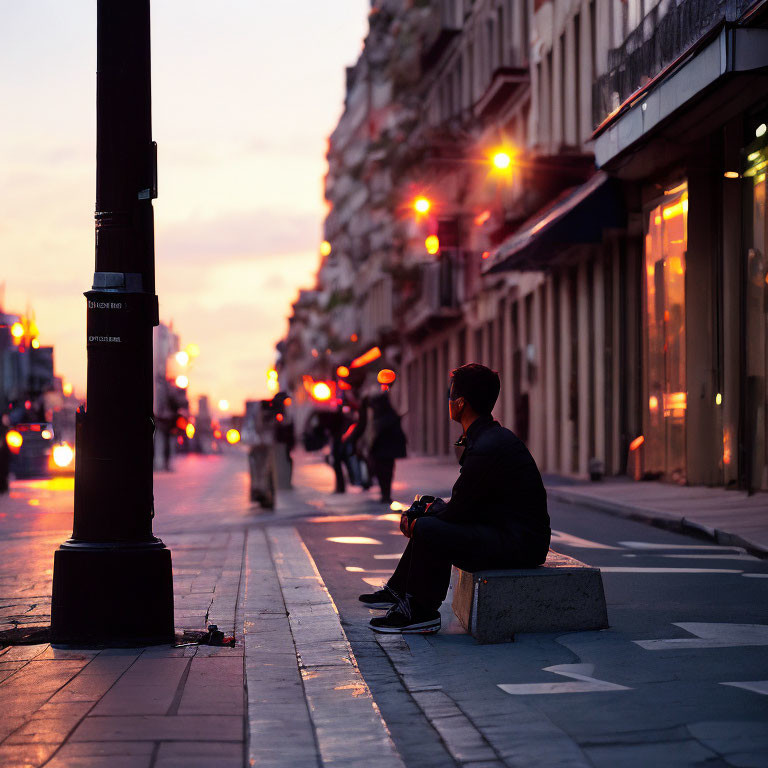 Person sitting on block at dusk in city with glowing street lights