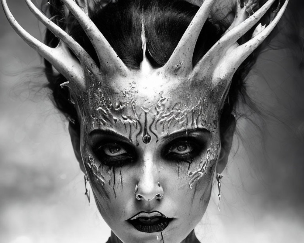 Monochrome portrait of a person with dark makeup and metallic crown.