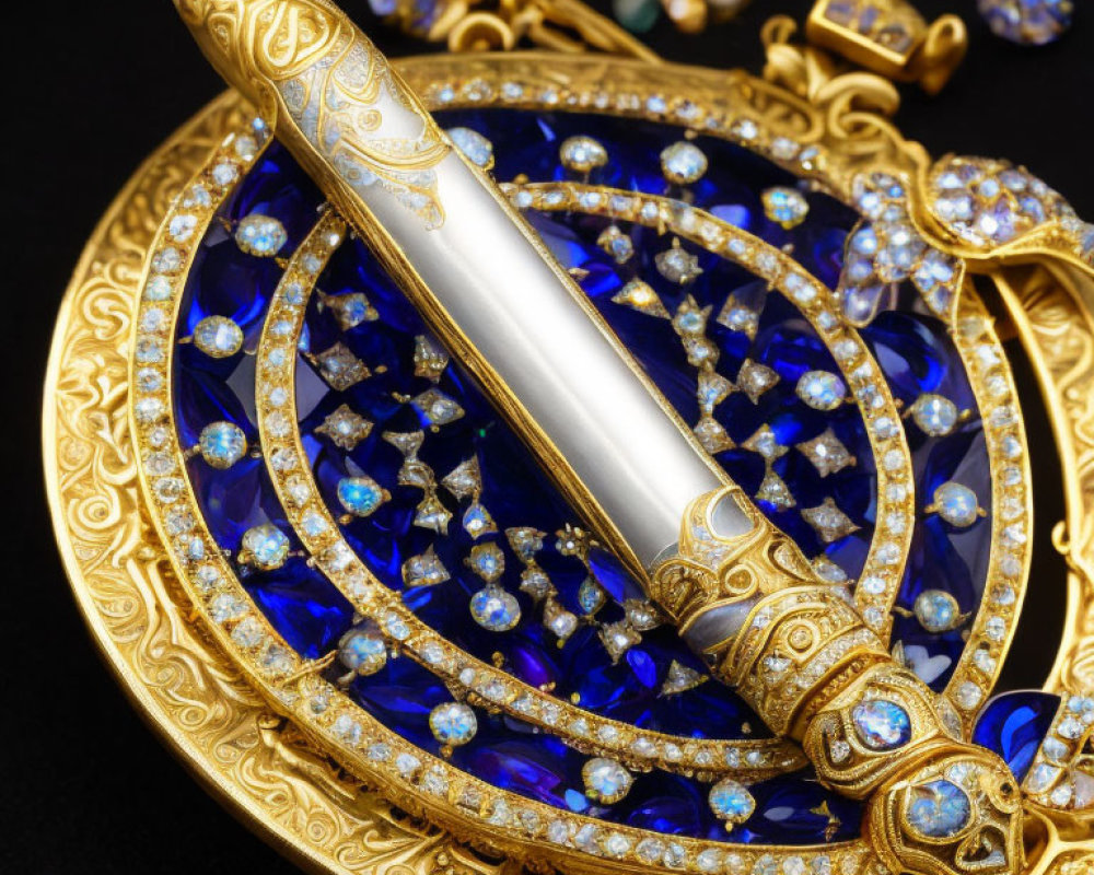 Golden brooch with sapphires, diamonds, and enamel detail