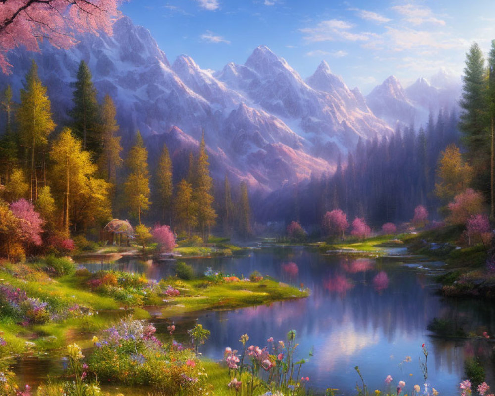 Tranquil lake, colorful trees, snowy mountains: Idyllic landscape scene