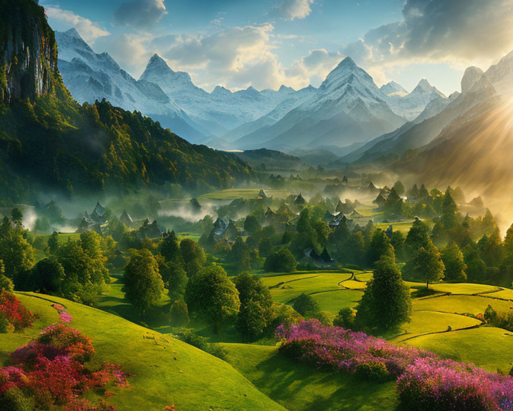 Snow-capped mountains, sunrise, green fields, and blooming flowers in a picturesque landscape