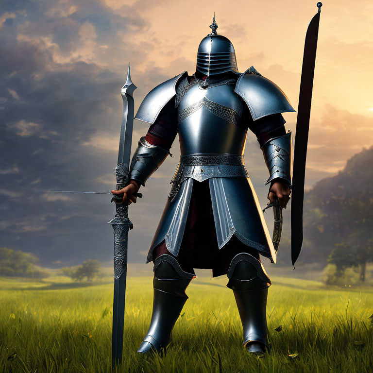 Knight in shining armor with lance and sword in sunset field.