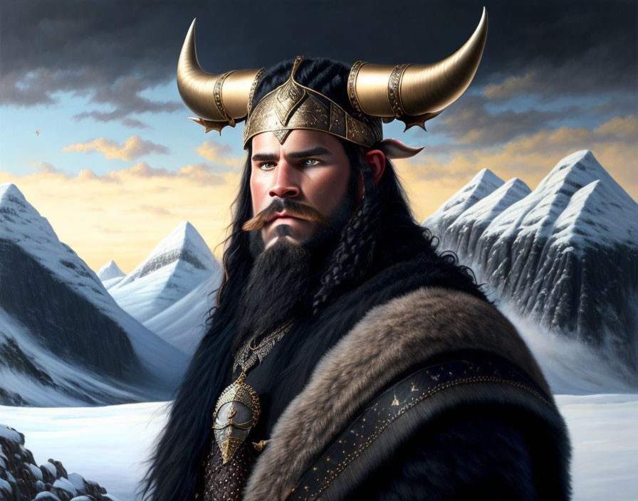 Illustration of Viking warrior in horned helmet and fur cloak against snowy peaks