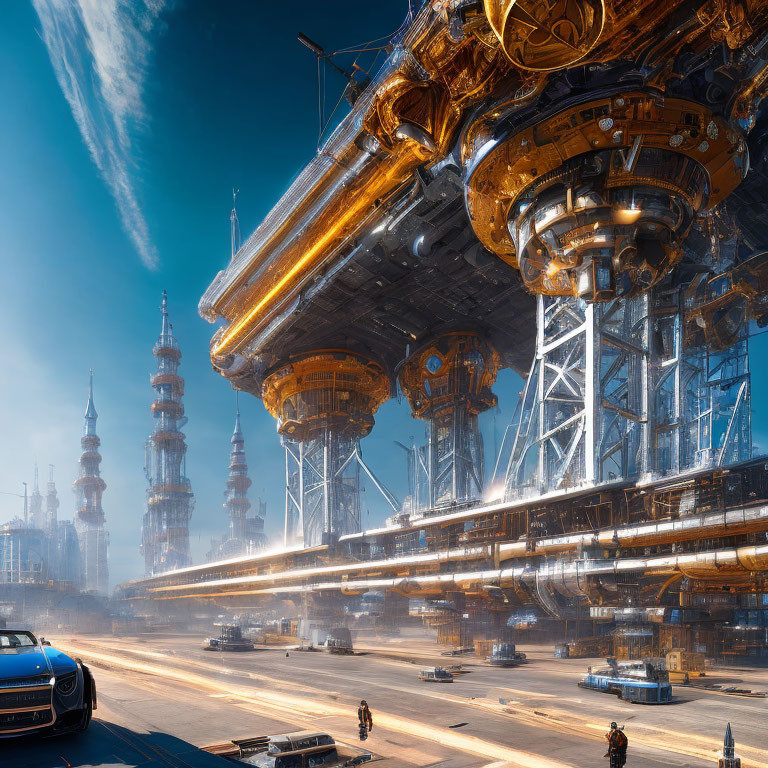 Futuristic cityscape with towering spires and sunlit road