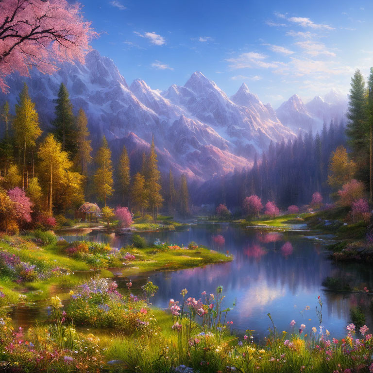 Tranquil lake, colorful trees, snowy mountains: Idyllic landscape scene