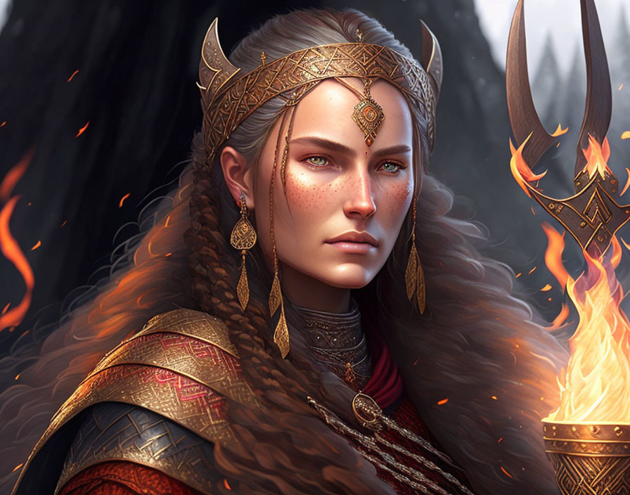 Warrior queen digital artwork with crown, fiery eyes, and glowing spear