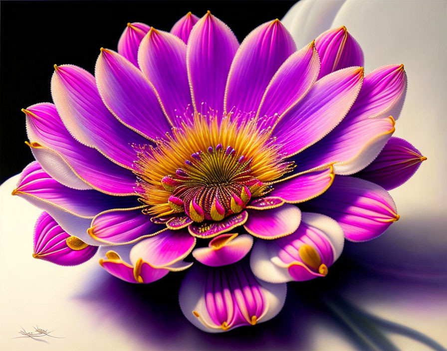 Colorful digital artwork: Purple and pink lotus flower with intricate petals and golden-yellow center on white