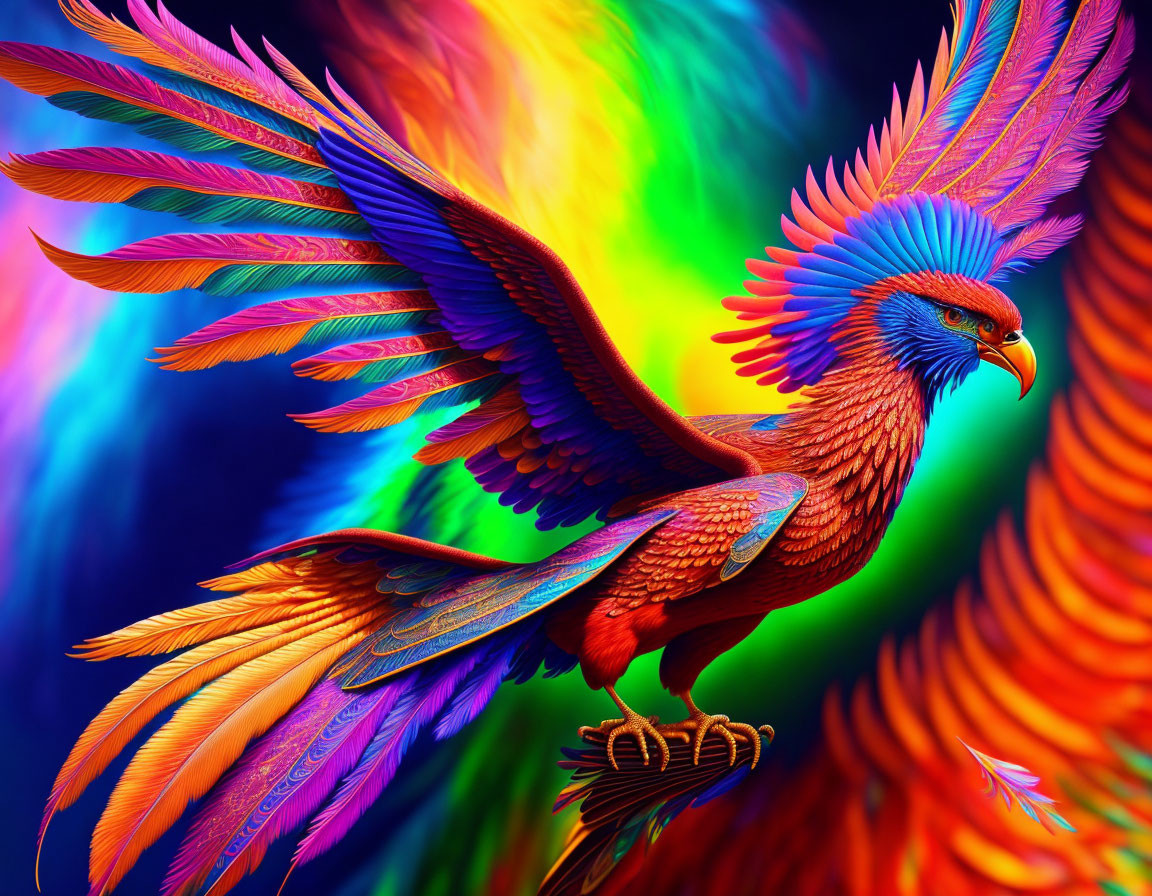 Colorful Mythical Bird Artwork with Spread Wings on Swirling Background