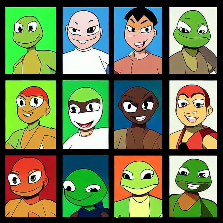 Colorful Grid of 12 Cartoon Characters with Expressions