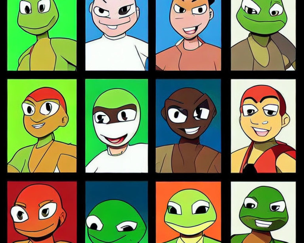 Colorful Grid of 12 Cartoon Characters with Expressions