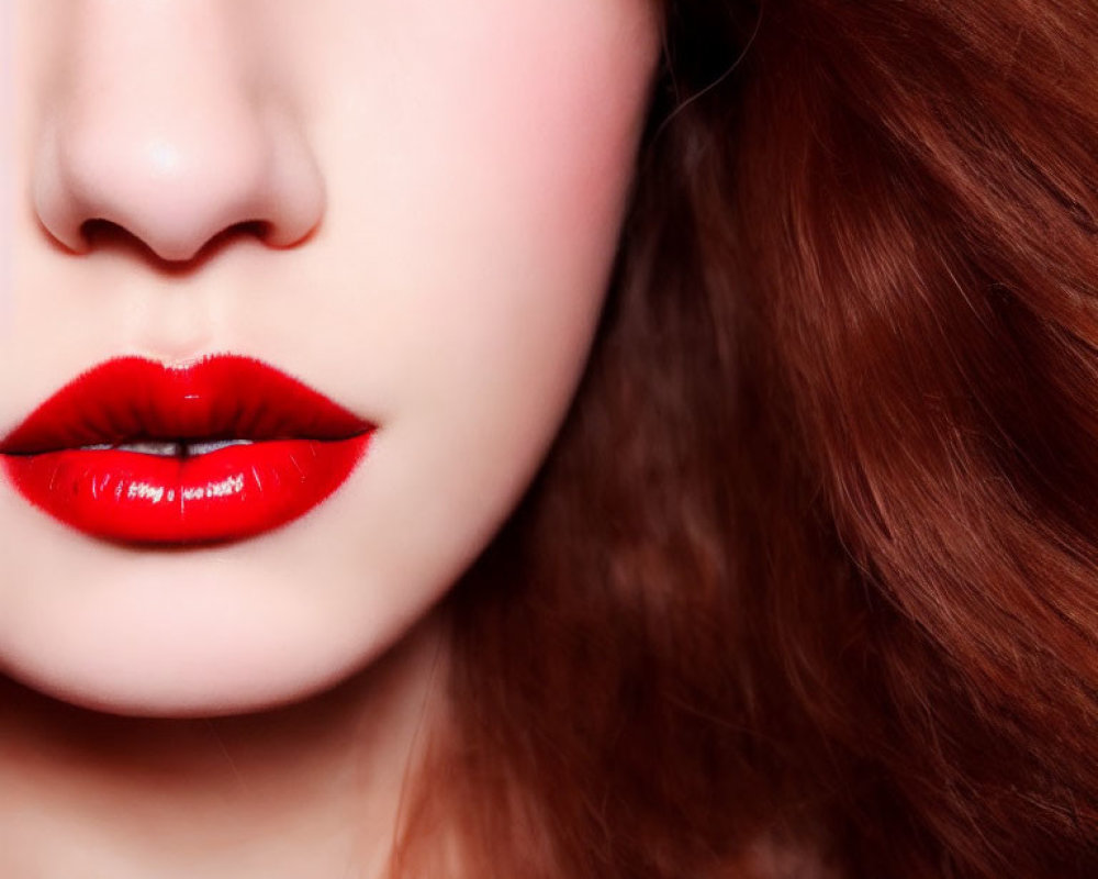 Woman's Lower Face with Red Lipstick and Text, Auburn Hair