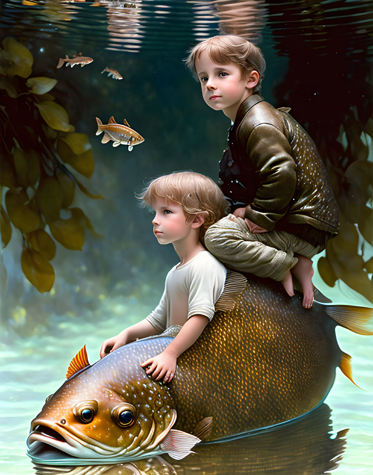 Children riding giant fish in underwater scene with small fish and plants