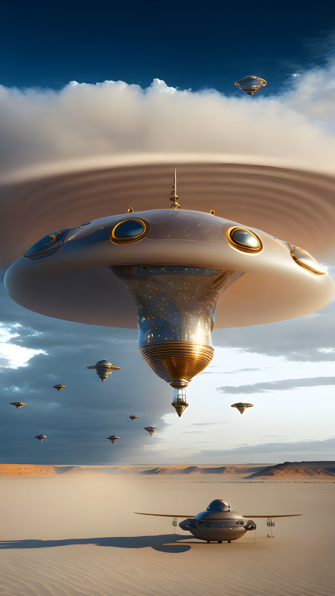 Futuristic UFO fleet above desert landscape with dramatic sky