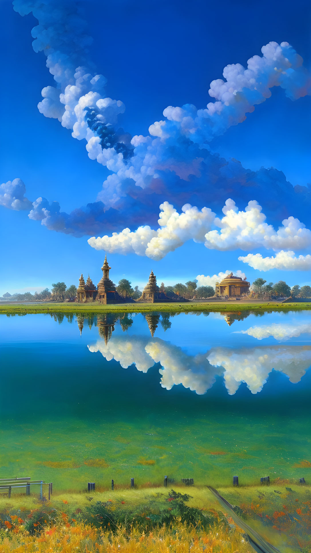 Tranquil lake reflects traditional buildings under blue sky