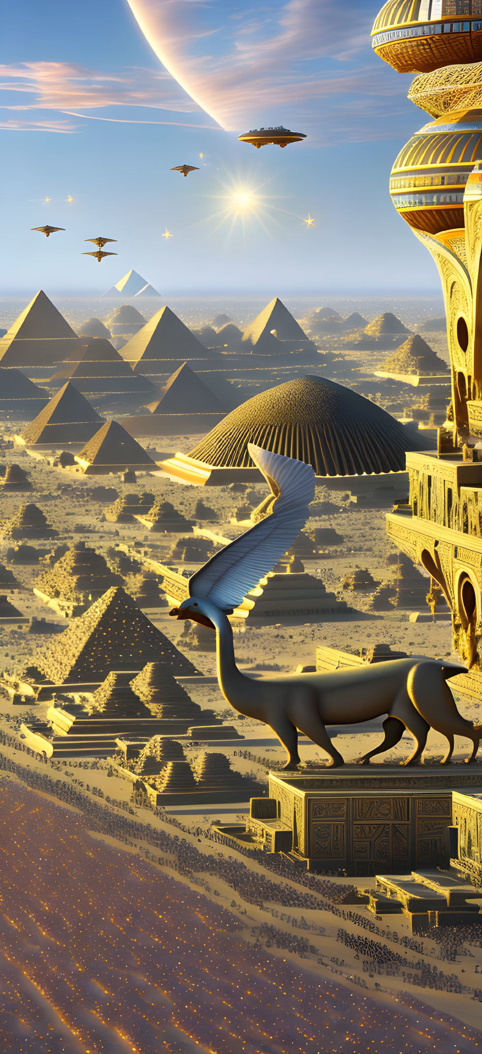 Futuristic desert landscape with pyramids, advanced architecture, flying vehicles, and surreal oversized animal under