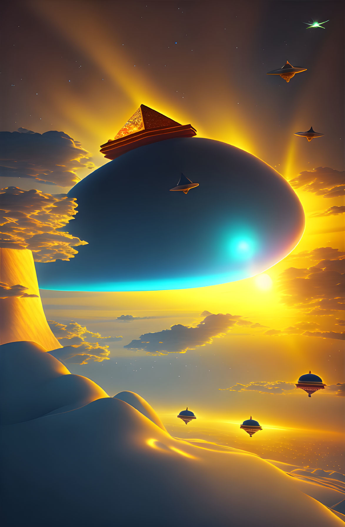 Fantasy digital artwork: Giant floating planet above desert with pyramids and starships