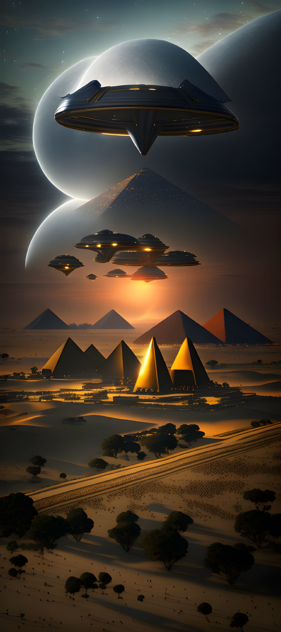 UFOs over Egyptian Pyramids at Sunset with Futuristic Cityscape