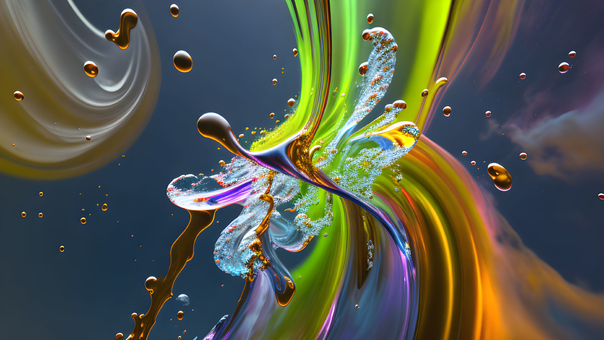 Vibrant liquid splash with dynamic swirls and droplets on dark backdrop