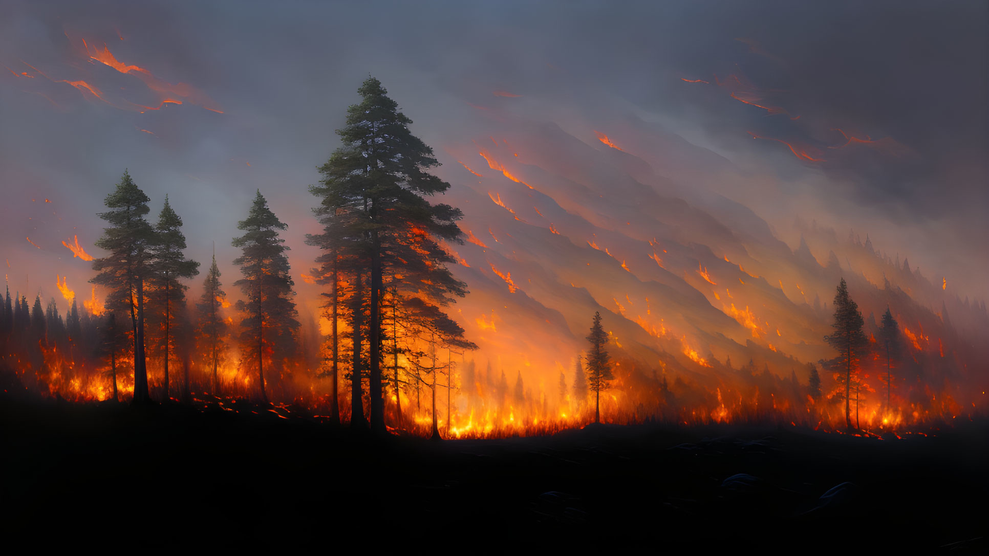 Forest wildfire scene with flames engulfing trees under smoky sky