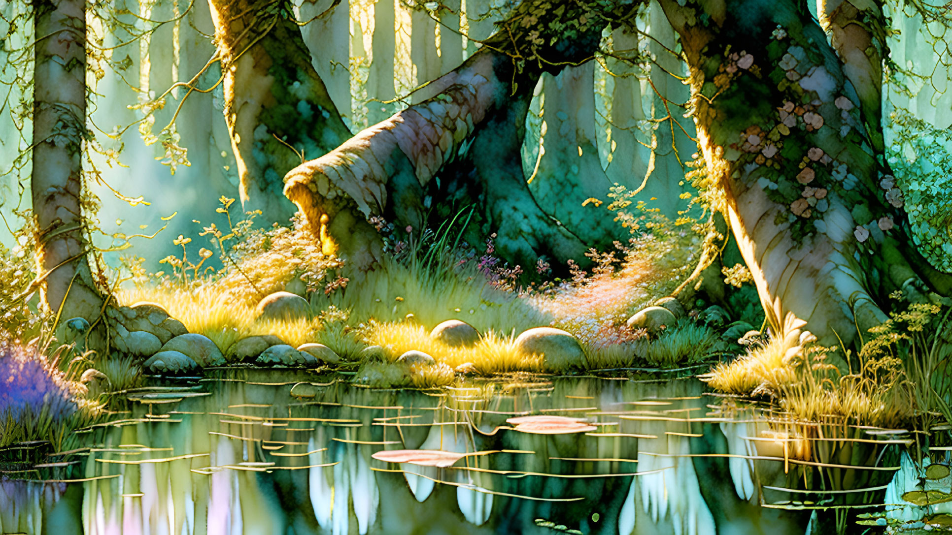 Tranquil forest pond with sunlight filtering through trees