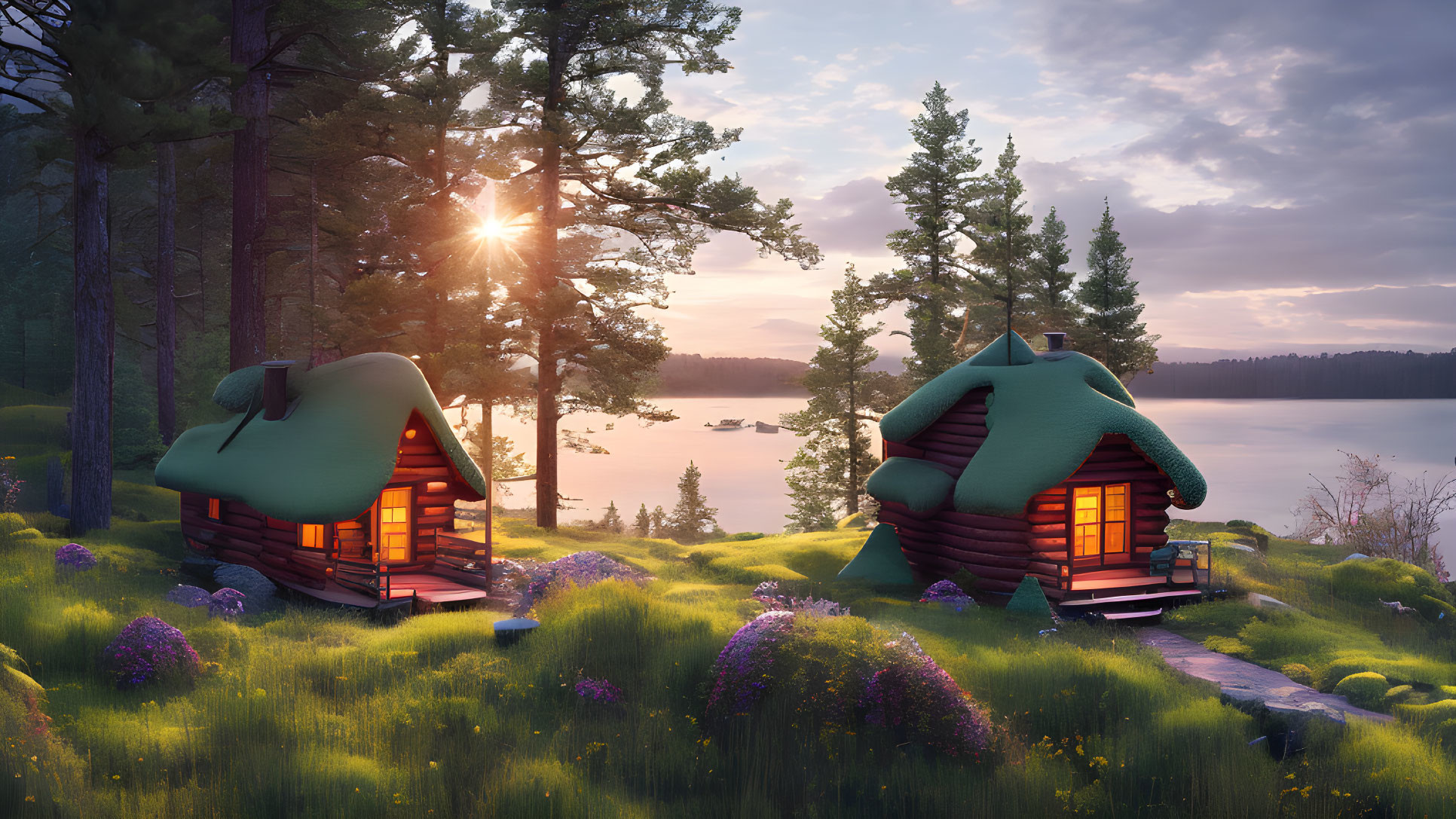 Cozy cabins with green roofs in forest setting at sunset