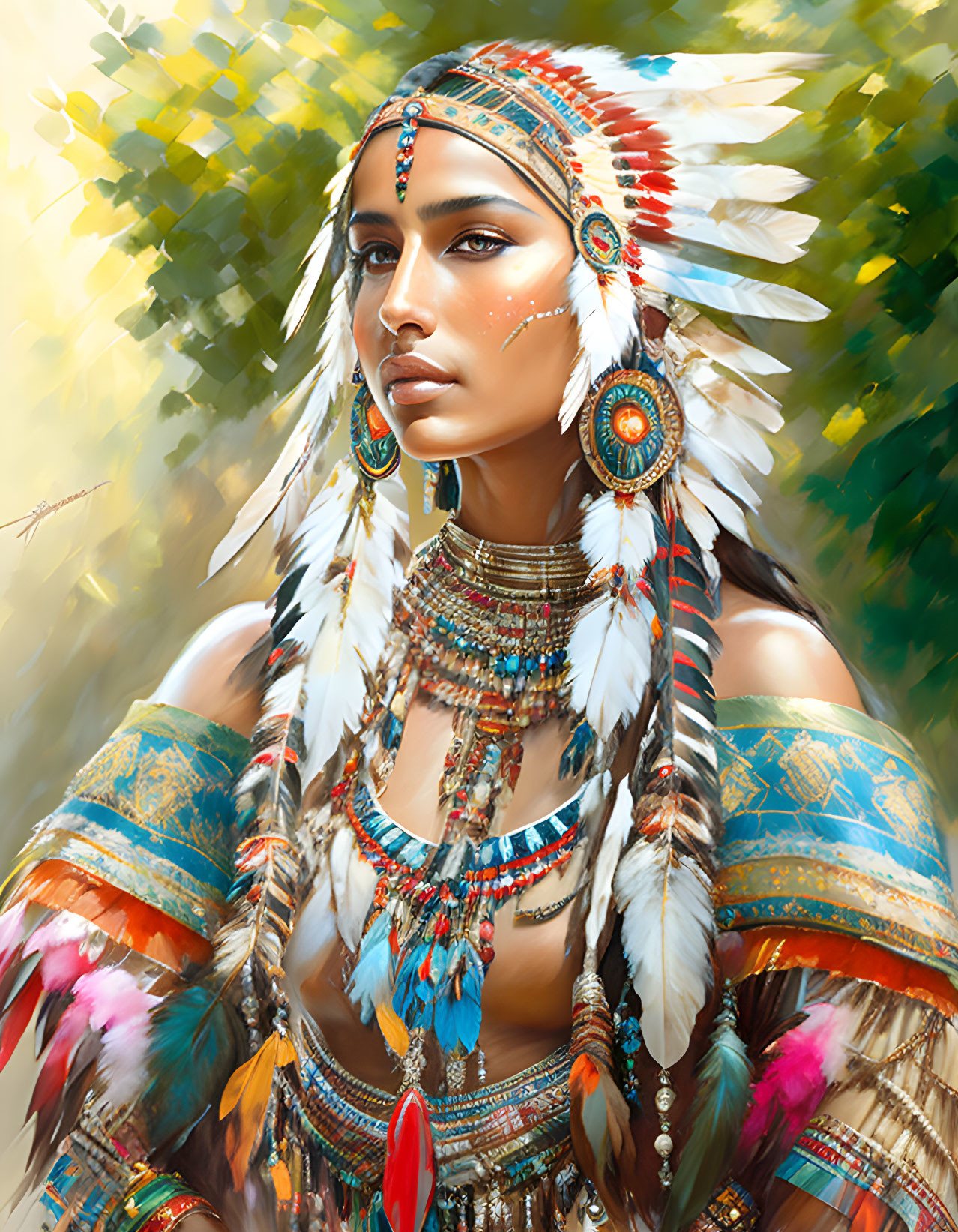Digital painting of woman in feathered headdress and tribal jewelry against natural backdrop