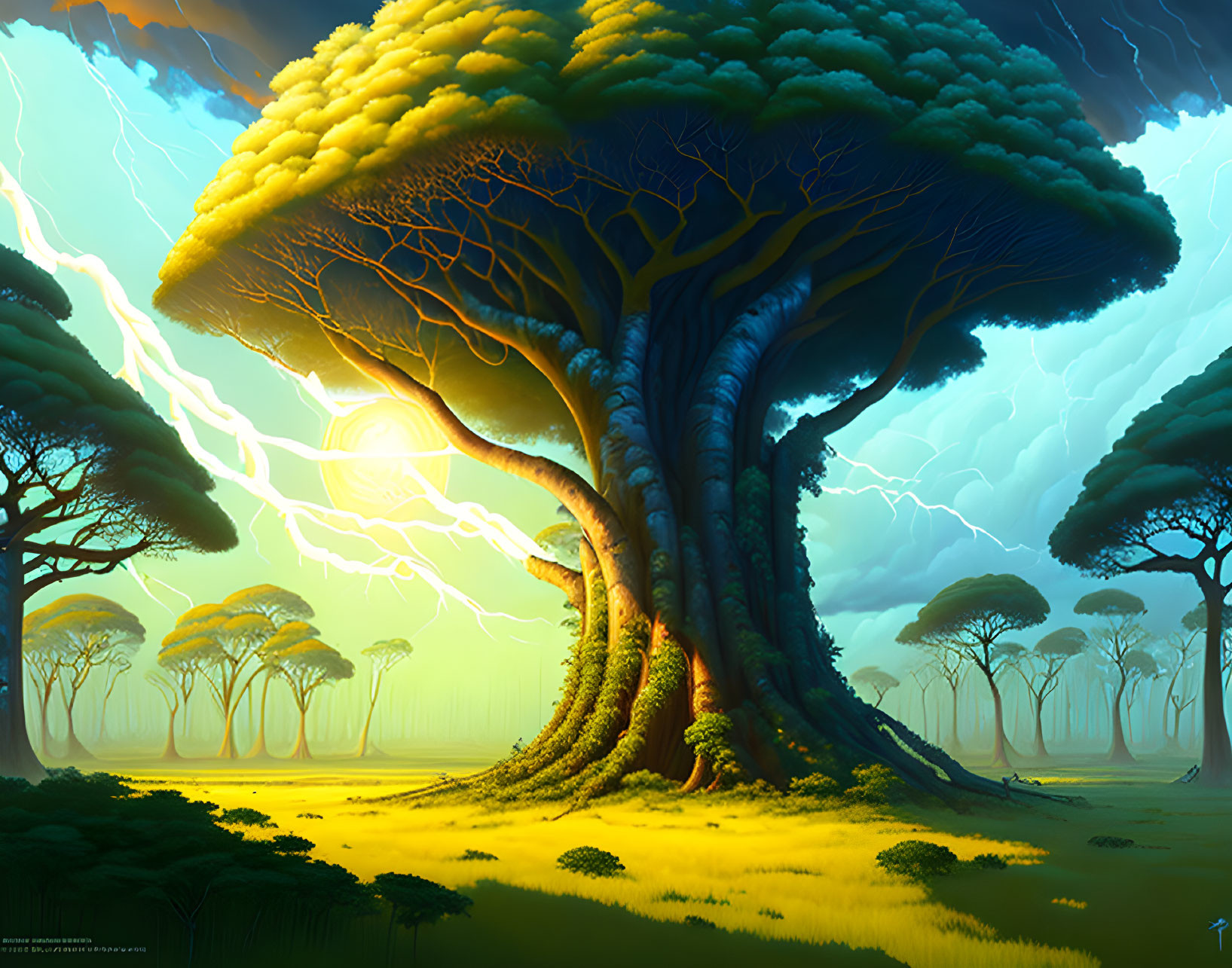 Gigantic tree in stormy sky on golden savanna