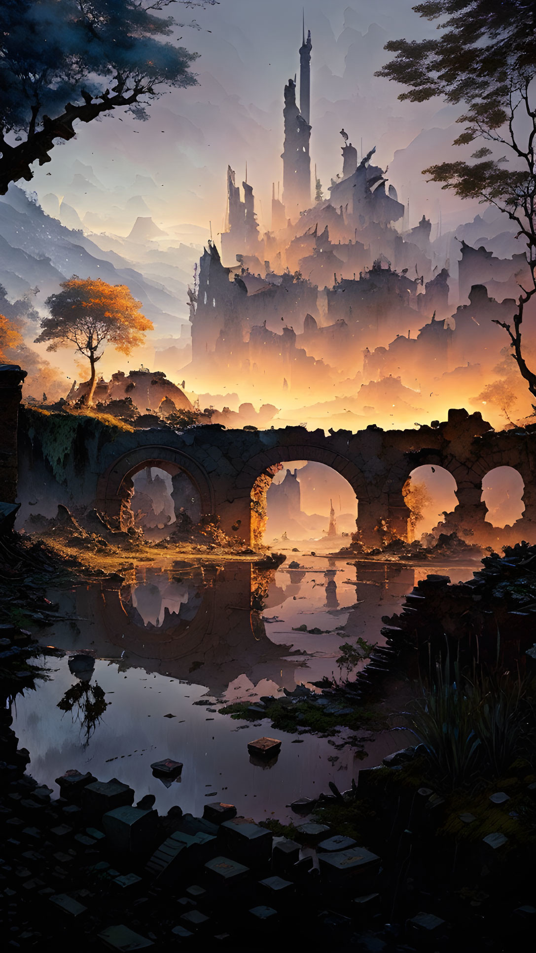 Mystical sunrise over serene lake with ancient castle ruins reflected