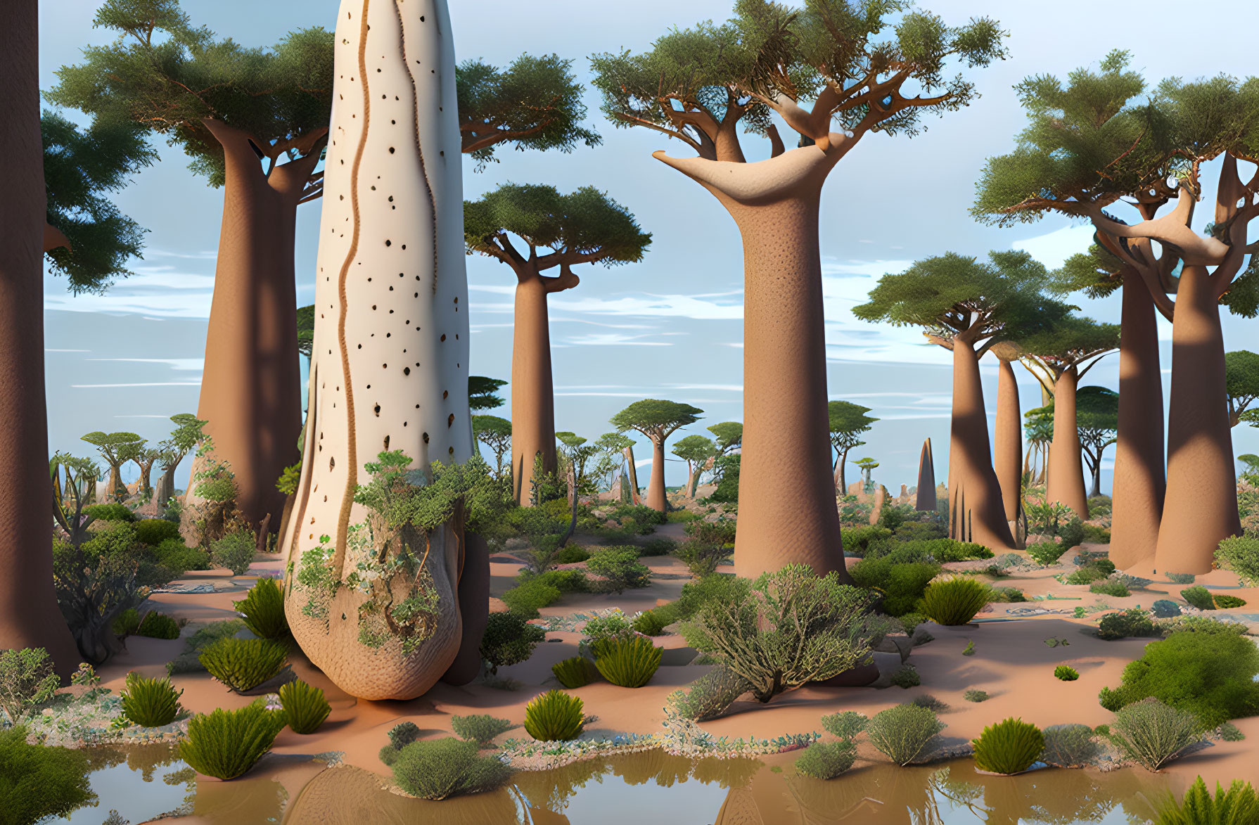 Tranquil landscape with baobab trees, lush bushes, and serene water