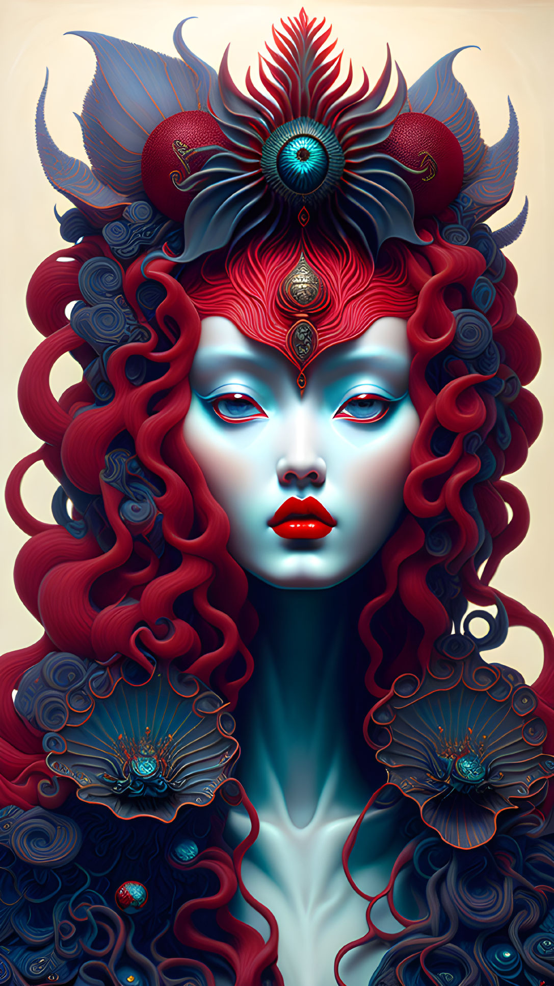 Detailed illustration of humanoid figure with ornate crimson and blue headgear, red hair, marine-inspired elements